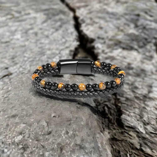 Miniatura 4 de Pulsera de cuero negro de ojo de tigre para hombre, piedra preciosa de ojo de tigre natural, joyería hecha a mano, pulsera de protección