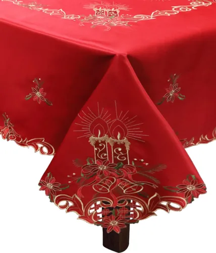 Creative Linens Mantel de campana de Pascua bordada de Navidad de 68 pulgadas, cuadrado con 8 servilletas, color rojo dorado