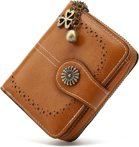 Miniatura 15 de Cartera pequeña para mujer, de piel, plegable, compacta, con bloqueo RFID, con bolsillo con cremallera para monedas, A01 Rojo Vino, Classic