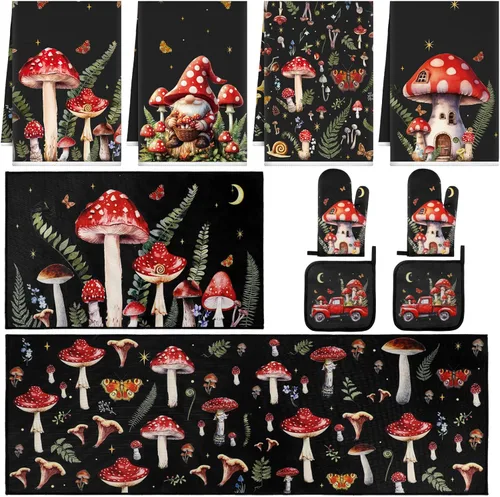 Miniatura 32 de Fourluoo Juego de 10 piezas de decoración y accesorios de cocina de girasol, diseño de búfalo blanco y negro, juego de manoplas de horno y soportes