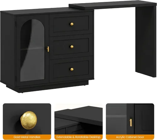 Miniatura 5 de RoyalCraft Escritorio de maquillaje de 59 pulgadas, tocador negro, mesa de tocador esquinera en forma de L con 3 cajones y 1 puerta, moderno tocador
