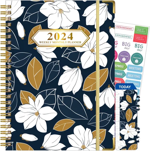 Agenda 2024 semanal y mensual, agenda 2024 en espiral con pestañas mensuales, bolsillo trasero, calcomanías, agenda de tapa dura, tamaño A5, enero