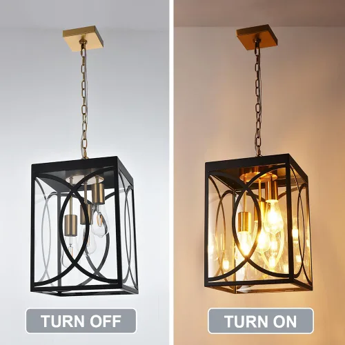Miniatura 3 de Lámparas colgantes para exteriores, moderna linterna colgante exterior de 3 luces, panel de cristal transparente, candelabro grande negro