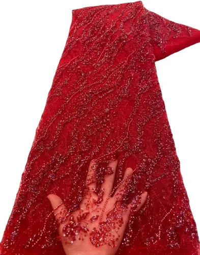 Miniatura 4 de Tela de encaje africano bordada con lentejuelas, con cuentas de artesanía pesadas y brillo floral, de tul francés, para vestido con cola, 4,5 Negro