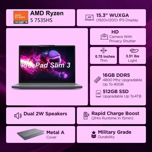 Miniatura 2 de Lenovo Portátil para juegos, AMD 6 núcleos Ryzen 5 7535HS, 16 GB DDR5 RAM, 1 TB PCIe SSD, gráficos Radeon 660M, pantalla FHD IPS de 15 pulgadas, PC