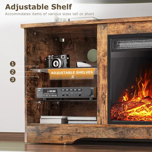 Miniatura 5 de PUKAMI Soporte de TV con chimenea de 18 pulgadas para sala de estar, centro de entretenimiento de 58 pulgadas con luces para las patas, gabinete