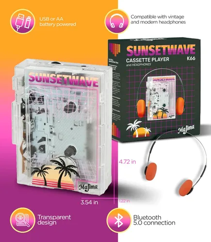 Miniatura 4 de Reproductor de cassette Bluetooth con radio FM, diseño portátil transparente, regalo de audio retro, compatible con alimentación USB o pilas AA