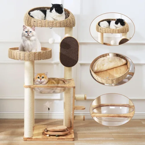 Miniatura 2 de Árbol moderno para gatos, torre de árbol para gatos con cápsula espacial, nido de cesta tejida a mano, postes de sisal y tabla de rascar, torre
