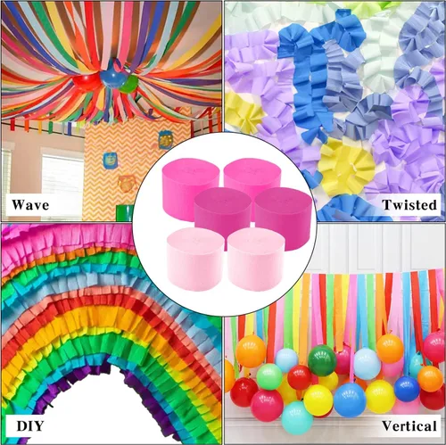 Miniatura 7 de Serpentinas de papel crepé – 6 rollos, 492 pies, paquete de 6 serpentinas de fiesta de color rosa claro y rosa intenso para decoraciones