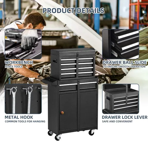 Miniatura 4 de X&T Caja de herramientas con ruedas compuestas, organizadores de pecho desmontables con cerradura con 4 ruedas y 5 cajones, armario