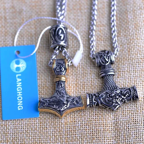 Miniatura 2 de Collar de martillo de Thor vikingo nórdico Mjolnir para hombre, joyería de talismán