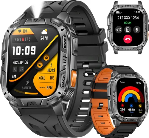 MIDDOW - Reloj inteligente militar para hombre (respuesta/hacer llamadas), rastreador de actividad física de 2.01 pulgadas con linterna/batería de