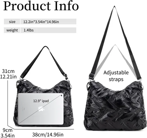 Miniatura 3 de Bolso de mano acolchado para mujer, bolso de mano cruzado con cremallera, bolsa de hombro grande de nailon para el ocio diario