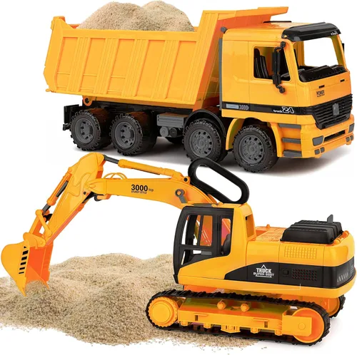 Toy To Enjoy Juguetes de construcción – Excavadora y camión volquete de juguete para niños (juego de 2) – Garra movible y elevación trasera – Camión