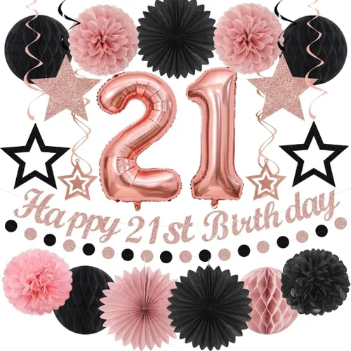 Miniatura 26 de Cartel de feliz cumpleaños rosa y negro para decoración de fiesta – 31 piezas de oro rosa 14º 40º para mujeres y niñas, faroles de papel