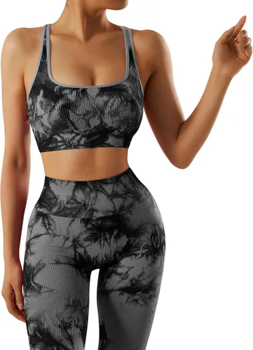 Miniatura 4 de OMKAGI Conjunto de entrenamiento acanalado para mujer, sin costuras, brasier deportivo con tiras y levantamiento de glúteos