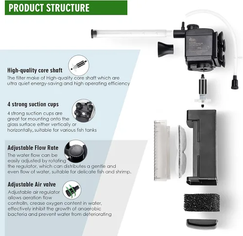 Miniatura 3 de AQQA Filtro interno para acuario, filtro de energía sumergible en el tanque con flujo de agua ajustable, filtro de esponja ultra silencioso