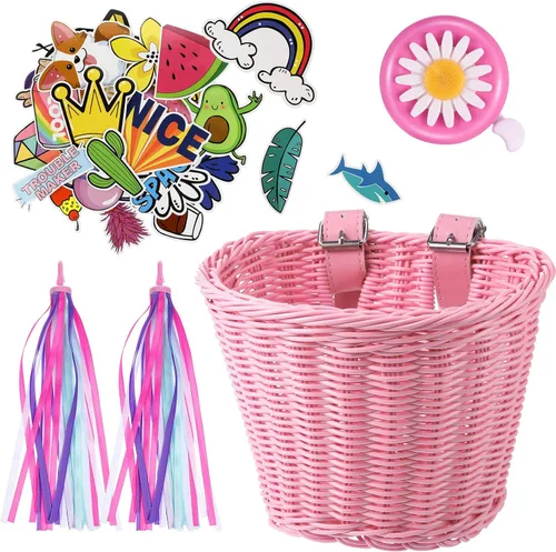 Miniatura 12 de Set de serpentinas para cesta de bicicleta para niños, cesta de mimbre para manillar de bicicleta con serpentinas de bicicleta coloridas, campana