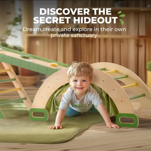 Miniatura 6 de ROBUD Juego de Triángulo Pikler 7 en 1, juguetes plegables de escalada de madera para niños pequeños, juego de escalada plegable Montessori con red