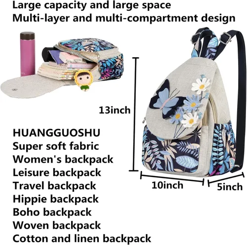 Miniatura 57 de HUANGGUOSHU Mochila de algodón tejida de algodón bohemio con bordado de lona estilo bohemio con múltiples bolsillos retro linda mochila cartera