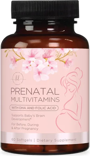 Vitaminas prenatales para mujeres con ácido fólico + Omega 3 DHA para apoyo al desarrollo fetal - Suplemento vitamínico prenatal para mamá y bebé -