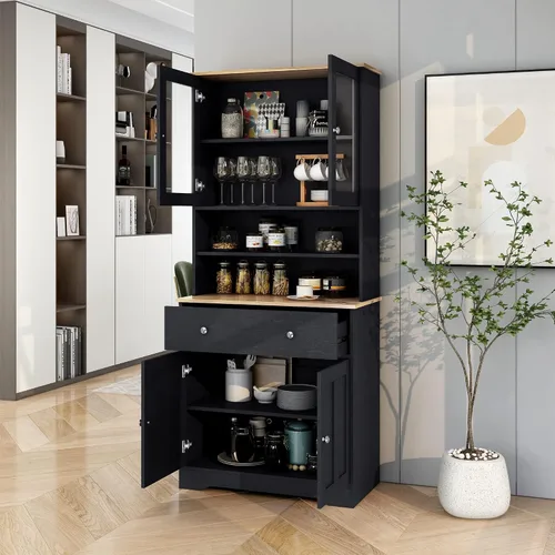 Miniatura 4 de RuiSiSi Gabinetes negros de despensa para almacenamiento de cocina con puertas armarios de bufé independientes despensas de cocina de granja
