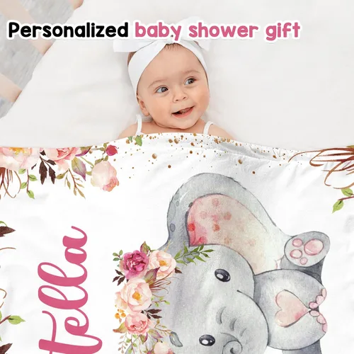 Miniatura 2 de J&SBGFT Manta personalizada para bebé niña, manta de recepción de elefante, regalo personalizado para bebé, esenciales para recién nacidos, 30 x 40