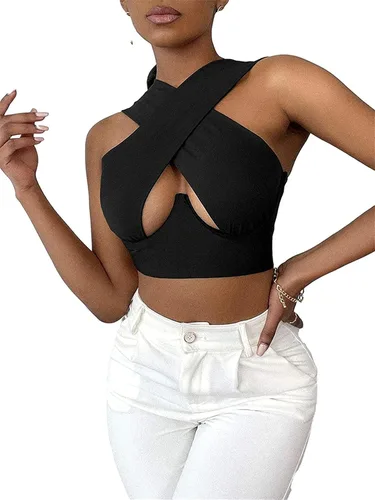 Camiseta corta sin mangas sexy halter entrecruzada sin mangas básica de color sólido recortado Cami chaleco de verano camisola Y2K moda