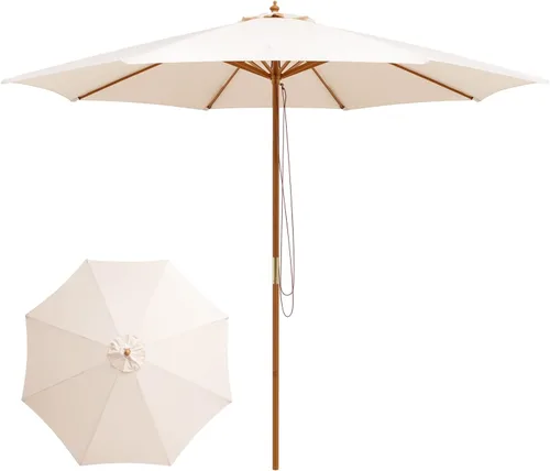 Tangkula Sombrilla de patio de 10 pies, sombrilla de mercado de mesa al aire libre con 8 varillas de madera, 3 alturas ajustables, sistema de polea