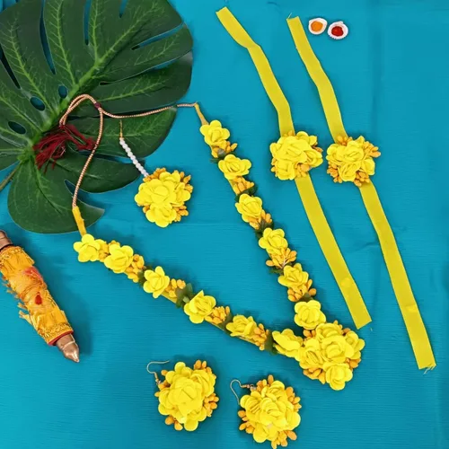 Miniatura 2 de Efulgenz Haldi Mehandi Flower Jewelry Set Indian Wedding Handmade Faux Roses Long Necklace Earrings Maang Tikka Bracelet Set Bridal Jewelry for