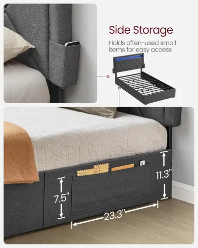 Miniatura 6 de VASAGLE Base de cama LED tamaño individual, cama individual con cabecera y 4 cajones, 1 puerto USB y 1 puerto tipo C, cabecera tapizada ajustable
