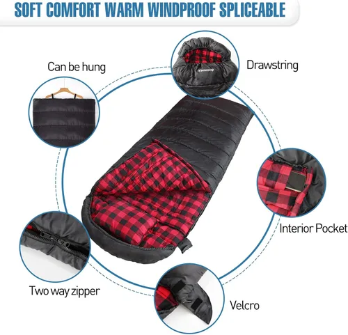 Miniatura 6 de Keencamp Saco de dormir de 0 grados de franela de algodón para invierno, clima frío para adultos, XXL saco de dormir de 4 estaciones, grande y alto