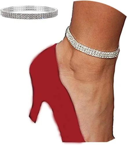 Miniatura 3 de Kiokioa Tobillera elástica para mujer, con diamantes de imitación de cristal, para tenis, tobillera elástica, Cristal