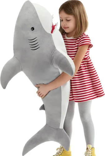 Miniatura 13 de MorisMos Peluche de tiburón gigante de 39 pulgadas, almohada grande de peluche de tiburón para niños, novia, color azul Tiburón azul 39