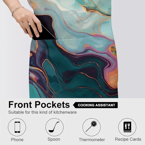 Miniatura 5 de Colourful Marble Cooking Aprons Unisex Kitchen Apron Adjustable Bib Apron with Pockets Waterdrop Resistant Chef Aprons for BBQ Drawing Grilling