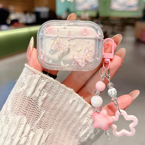Miniatura 3 de Funda para Airpod Pro 2, bonita mariposa con purpurina 3D con llavero de estrella, funda protectora de TPU transparente compatible con AirPods Pro