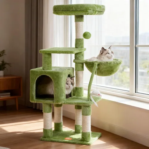 Miniatura 19 de Heybly Poste rascador para gatos, torre de árbol pequeño para gatos con 3 postes de sisal completos, cama de felpa extraíble, cepillo de aseo