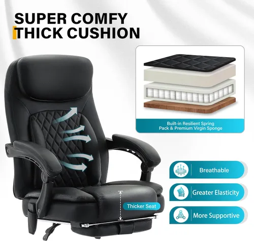 Miniatura 5 de Silla de oficina de masaje de 6 puntos con silla de oficina térmica y ergonómica con reposapiés y respaldo alto reclinable de 45°, silla de oficina