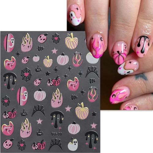 Miniatura 4 de 8 hojas de calcomanías de uñas de Halloween con diseños de fantasmas lindos, calabaza, araña, telaraña, sangre, llama 3D, autoadhesivas, Otoño