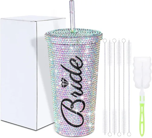 Miniatura 7 de Hoolerry - Vaso de novia con diamantes de imitación para novia, con tapa para popote y cepillo, acero inoxidable aislado, 16.9 onzas, regalos