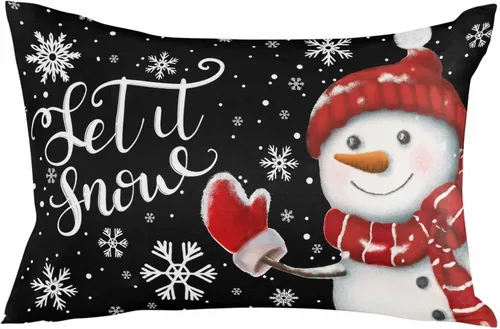 Miniatura 2 de Fundas de almohada de muñeco de nieve de Navidad, funda de almohada larga de lino, diseño de copos de nieve de invierno clásico, negro, protector