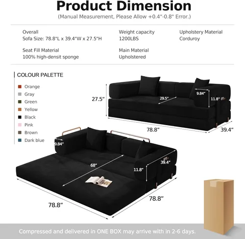 Miniatura 2 de MoonSpeak Sofá cama de 78.8 pulgadas para sala de estar, sofá modular convertible con almohada para reposabrazos, sofás modulares plegables de pana