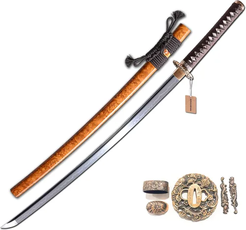 MURASAME Katana Sword T10 - Maquinilla de afeitar de acero templado de 41 pulgadas, hoja afilada, espiga completa hecha a mano Dragón amarillo