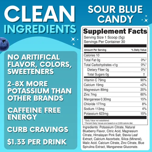 Miniatura 2 de Zero Sugar - Polvo de electrolitos de caramelo azul agrio - Hidratación refrescante - Energía sin cafeína - Todos los ingredientes naturales