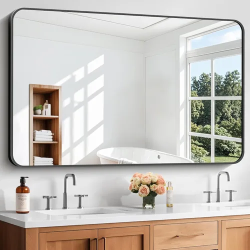 Miniatura 12 de Espejo de baño de 18 x 24 pulgadas con marco de metal negro rectangular, espejo de tocador rectangular de esquinas redondeadas, espejo de pared