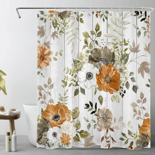 Miniatura 12 de LB Cortina de ducha floral de otoño, flores silvestres blancas y naranjas y hojas de arce gris sobre tela beige con ganchos, juego de baño botánico