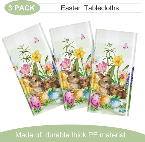 Miniatura 4 de Riakrum Mantel de Pascua rectangular de plástico con huevos de conejo, mantel floral para decoración y suministros de fiesta de Pascua, primavera