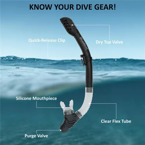 Miniatura 4 de Blue Reef Sentinel Snorkel Mask Set, Snorkeling Gear for Adults Set Includes Sentinel Black Mask w/Twin Tempered Glass, Cortes Dry Snorkel, Bay Fins