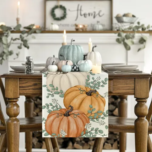 Miniatura 2 de Artoid Mode Camino de mesa de otoño con hojas de eucalipto y calabazas naranjas, decoración de mesa de comedor de cocina de Acción de Gracias