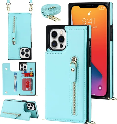 Miniatura 34 de Funda cruzada para teléfono iPhone 13 Pro Max de cuero con tarjetero, funda protectora extraíble, correa de cuero ajustable con botón, compatible